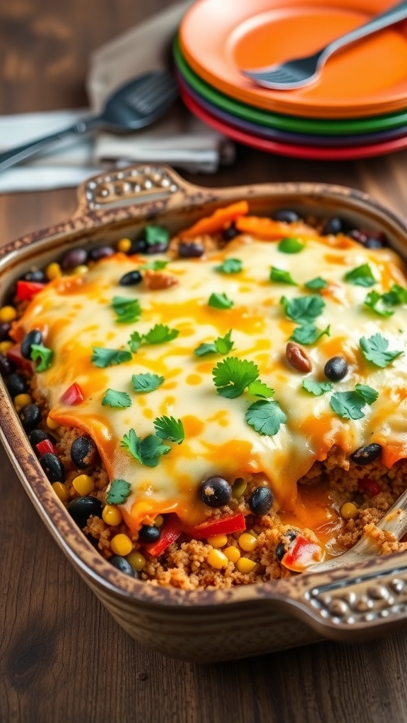 Cheesy quinoa enchilada casserole with black beans, corn, and bell peppers, garnished with cilantro, in a rustic baking dish.